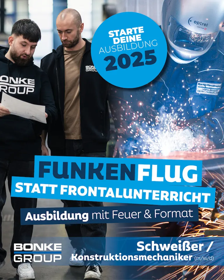 Werbeanzeige für Ausbildung zum Konstruktionsmechaniker, Schweißer. Das Bild zeigt einen Arbeiter beim Schweißen.
