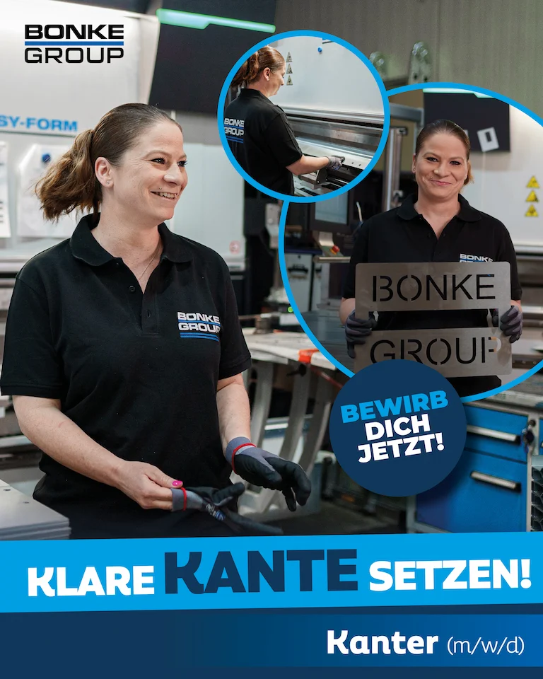 Das Bild zeigt eine Mitarbeiterin bei Bonke. Schriftzug: Bonke Group. Bewirb dich jetzt! Klare Kante setzen! Kanter (m/w/d)