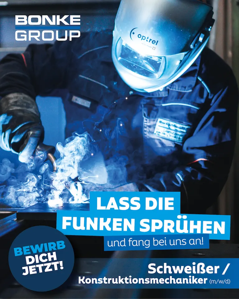 Das Bild zeigt einen Schweißer bei der Arbeit. Schriftzug: Bonke Group. Lass die Funken sprühen und fang bei uns an! bewirb dich jetzt! schweißer / konstruktionsmechaniker (m/w/d)