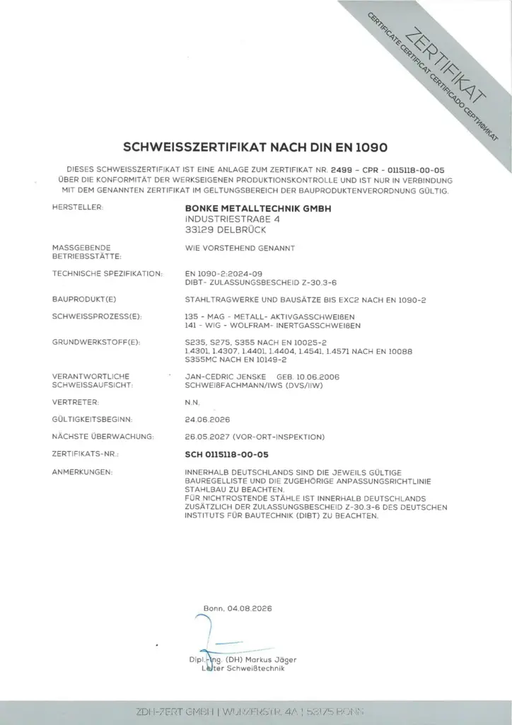 Schweißzertifikat nach DIN EN 1090 der Bonke Metalltechnik GmbH, ausgestellt von ZDH-Zert, gültig ab 24. Juni 2026