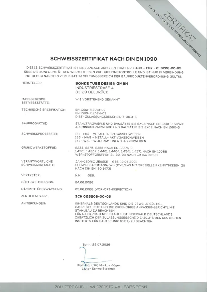 Schweißzertifikat nach DIN EN 1090 der Bonke Tube Design GmbH, ausgestellt von ZDH-Zert, gültig ab 24. Juni 2026