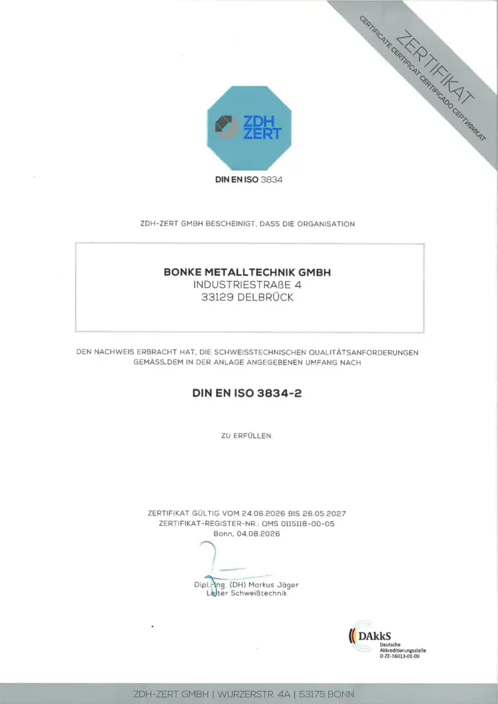 Zertifikat nach DIN EN ISO 3834-2 der Bonke Metalltechnik GmbH, ausgestellt von ZDH-Zert, gültig bis 26. Mai 2027